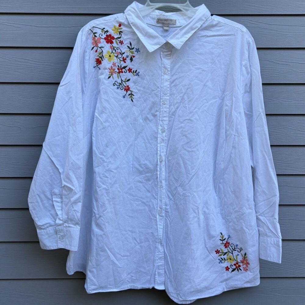 Woman Within 3X 30/32 White Button Up Blouse Womens Cotton Blend Shirt Casual